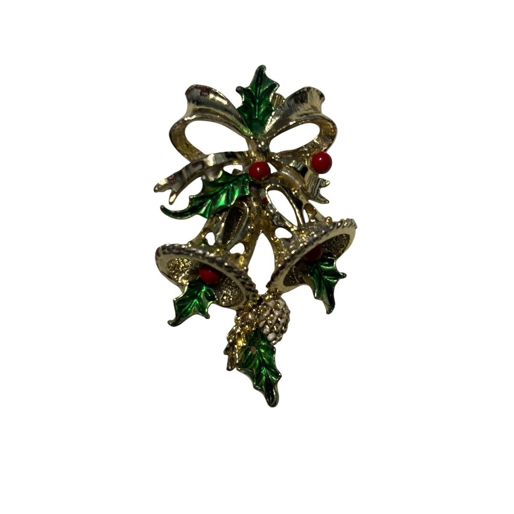 Vintage Gerrys Gold Tone Enamel Holiday Bells Christmas Mistletoe Brooch Pin